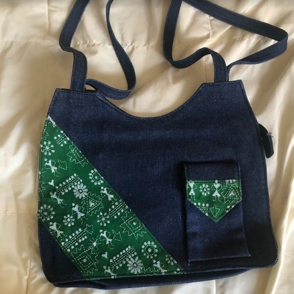 Green Blue Retro Jean Denim Shoulder Bag With Pockets